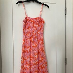 Women’s XS Pink and Coral Floral Midi Spaghetti-Strap dress